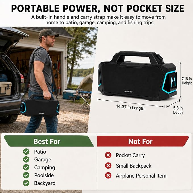 Musibaby 80W Portable Bluetooth Speaker, Loud Bass, IPX6 Waterproof, Black | Workshop, tailgate, RV, projector nights, fishing trips, boat deck, cookouts, USB music, AUX input, and room-filling audio.