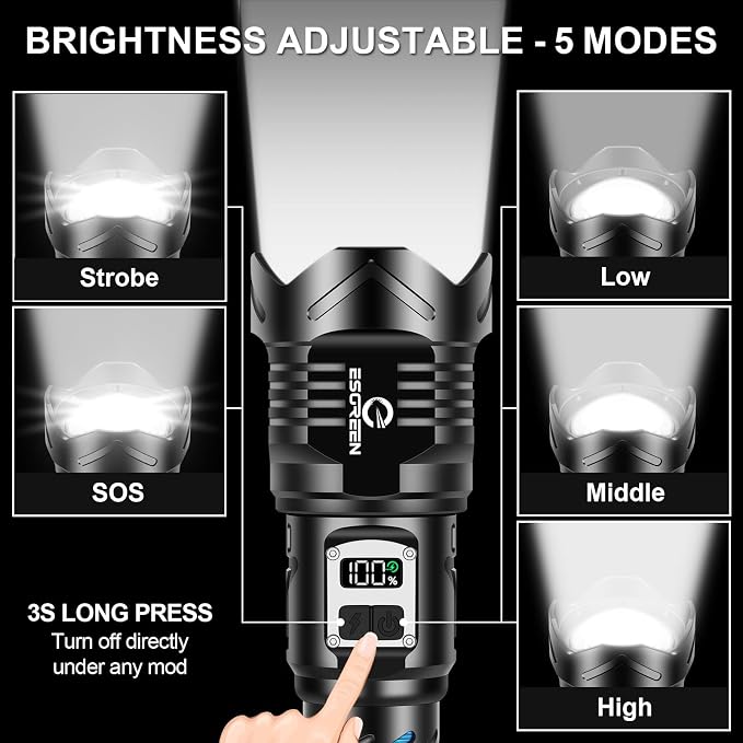 Super Bright Flashlight High Lumens 100000 Rechargeable, Strong 50W LED, Big 8.54” Length, Adjustable 5-Mode, Dual Buttons, Long Lasting 15H, Quick USB C Charge, LCD Display & Output, for Hiking Home