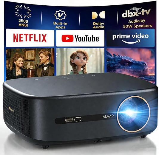 Smart Projector 2026 Upgraded, 2500 ANSI, 4K Supported, 50W DoIby Audio, Built in NetfIix App, Auto Focus & Keystone, WiFi 6 & Bluetooth 5.3, for Home Theater/Soccer Watch party/Outdoor Movie