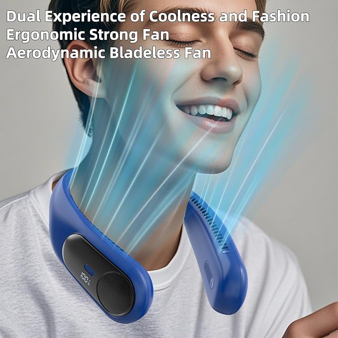 Portable Neck Fan, Personal Wearable Bladeless Fan for Outdoor Indoor, LED Display, 360° Cooling, 4-Speeds, 6000mAh USB Rechargeable, Birthday Gifts for Men Women Dad Mom (Navy)