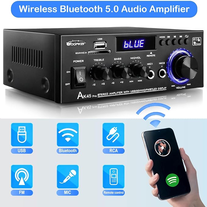 AK45 Pro Stereo Amplifier Home Audio, Stereo Receivers with Bluetooth 5.0,Max 400W, 2.0 Channel Audio Receiver for Home Theater Speakers w/USB/SD/RCA/2 MIC in for Karaok
