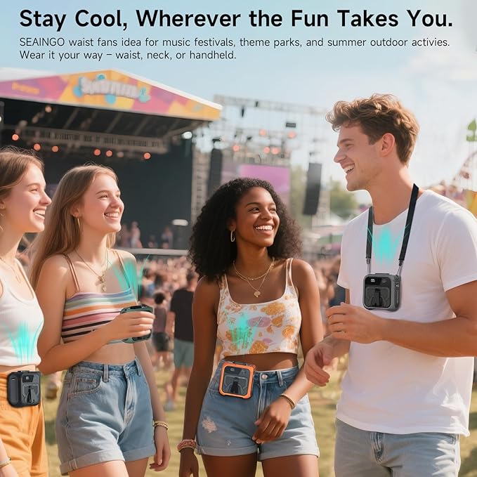 SEAINGO Portable Waist Fan Rechargeable – 10000mAh, 42 ft/s Max, 5 Speeds 16000RPM, Personal Cooling Wearable Clip Body Belt Shirt Fans, Hanging Neck Fan with Light