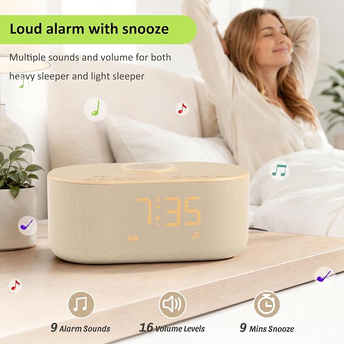 DreamSky Bedroom Radio Alarm Clock with Wireless Charger for Samsung iPhone | Bluetooth Speaker, Loud Alarm for Heavy Sleepers, FM Radio with Sleep Timer, 0-100% Dimmer, 9 Alarm Sounds & 16 Volumes, USB