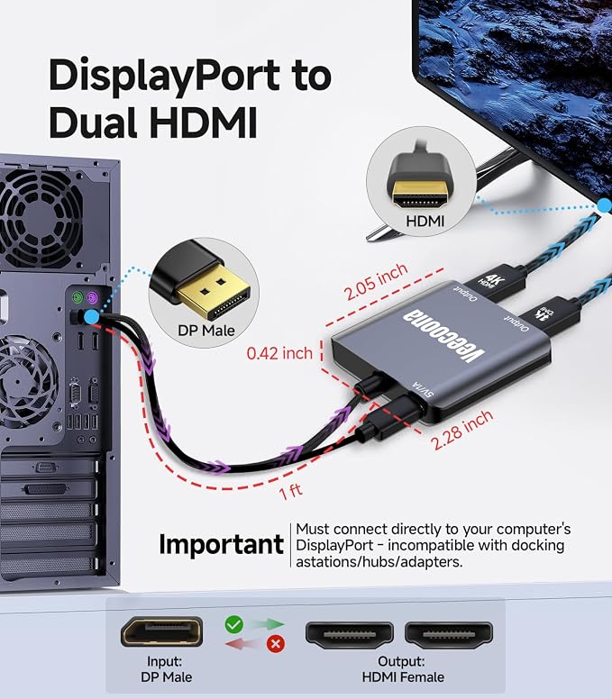 DisplayPort to Dual HDMI Adapter 1 in 2 Out | 4K60Hz, DP Source to HDMI Splitter Extended Display port splitter for Dual monitors, for Desktop,Laptop,NVIDIA, AMD Graphics Card - MACOS Not Support MST
