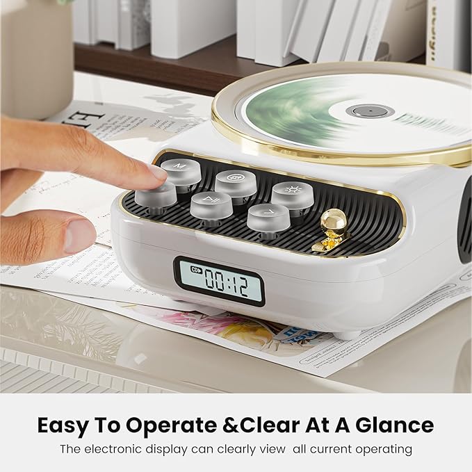 4 in 1 Retro Portable CD Players with Bluetooth Speakers, FM Radio, Night Light, LCD Display, 4000 mAh Battery, Vintage Radio Built in Dual Speakers Supports USB/AUX/Type-C for Home (White)