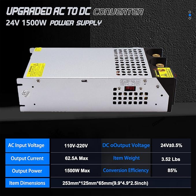 AC to DC 24V 62.5A 1500W Power Supply,Universal SMPS Switching 110V to 24V Converter Transformer Driver Adapter for DIY,RV,Pump,LED Strip,LCD Monitor(DC24V-62A-1500W)