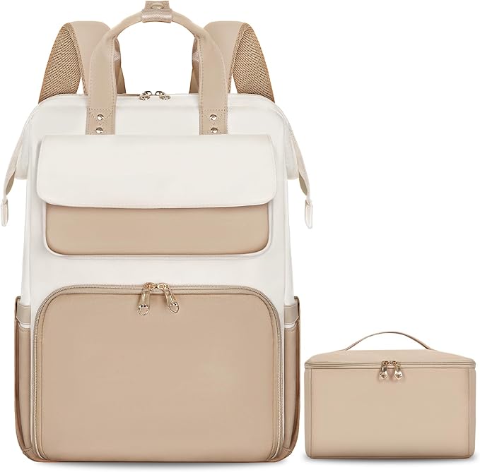BERTASCHE Lunch Backpack for Women, 15.6 Inch Laptop Backpack with Insulated Cooler Lunch box, Nurse Backpack for Teacher Work Travel College Picnic, Khaki-Beige