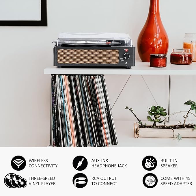 Vinyl Record Player with Speakers Vintage Turntable for Vinyls Records Belt-Driven Turn Table Support 3-Speed, Wireless Playback, Headphone, AUX-in, RCA Line LP Phonograph for Sound Enjoyment Black