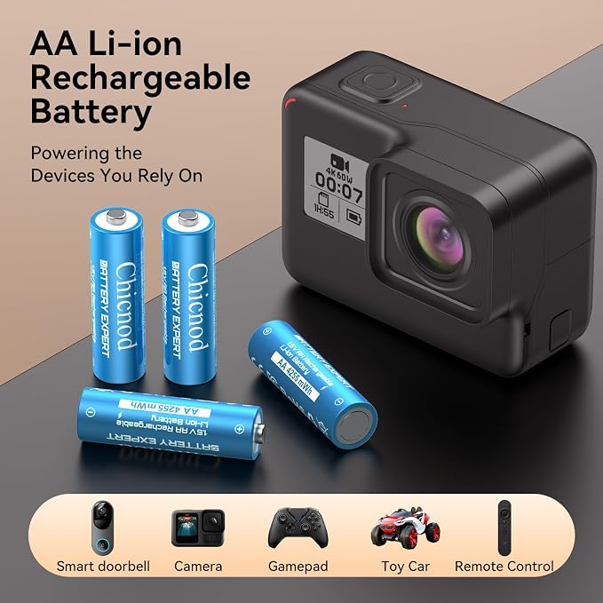 Rechargeable AA Lithium Batteries with Fast USB-C Charger, 12-Pack 4255 mWh 1.5V Constant Voltage for Blink Outdoor Camera, Xbox Controller, Flashlights – 2000+ Cycles