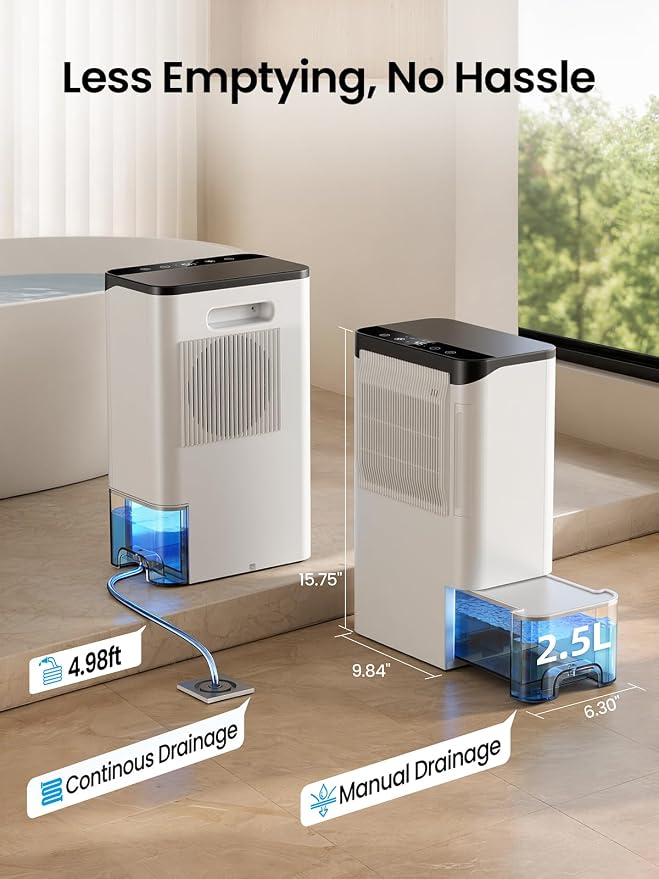 Dehumidifiers for Home 1500 Sq.Ft, 2.5L Tank, 35dB Quiet, New Rotary Technology Dehumidifier with Drain Hose, Works Down to 1°C/34°F, Auto Shutoff, Ideal for Basement Bedroom Bathroom RV Closet