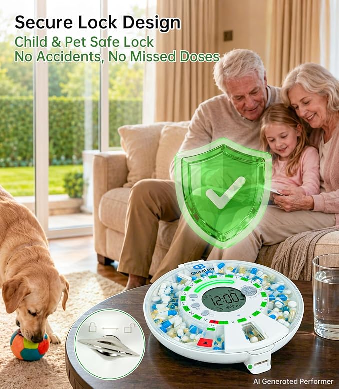 28-Day Automatic Pill Dispenser with Alarm & Light Alerts, Clear LCD Display, Key Lock, Smart Medication Organizer for Seniors, Alzheimer’s Care, for Multiple Vitamins, Supplements or Prescriptions