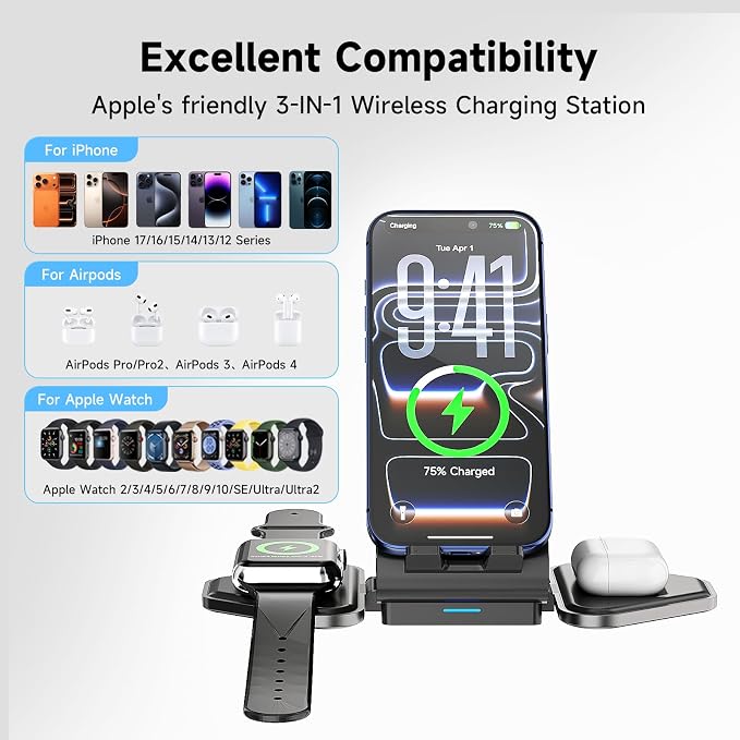 3 in 1 Charging Station, Mag Safe Wireless Charger Stand, Qi2-enable, 15W Multiple Device Magnetic Charging Station for iPhone 16,15,14,13,12 Series, Apple Watch, AirPods (USB-C Charger Included)