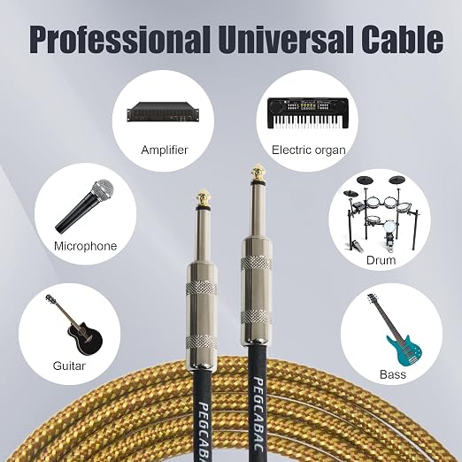1/4 Inch TS Instrument Cable 10ft 2-Pack,Straight 6.35mm Male Jack Stereo Tip Gold Plated Audio Interconnect Cord for Electric Guitar,Bass,Keyboard,Mixer,Amplifier,Amp,Speaker,Equalizer