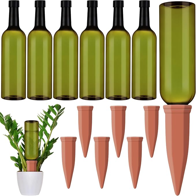 Teenyyou 12 Pcs Watering Spikes for Indoor Plants Include Terracotta Self Watering Spikes Devices and 26 oz Plastic Bottles Slow Release Vacation Insert Automatic(Green)