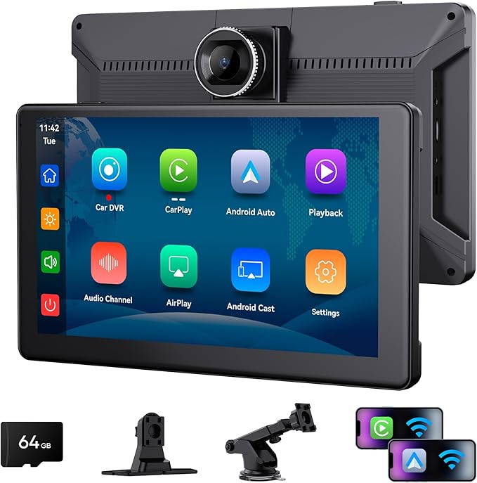 9" Wireless Apple CarPlay & Android Auto Screen for Car | 4K Dash Cam, 1080P Backup Camera, GPS Navigation, Mirror Link, Voice Control, Bluetooth – Fits All Vehicles