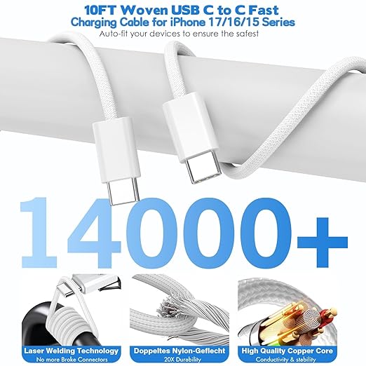60W iPhone 17 16 15 Pro Charger Fast Charging,2Pack 10FT 5-Port USB C Charger Super Fast Charging Block Long 10Foot Woven Cable USBC Cord for iPhone 17/17 Air/17 Pro Max/16e/16/15/15 Pro Max,iPad Pro