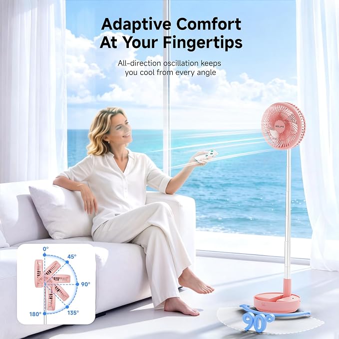 Belife X8 Portable Fan, 7200mAh Battery Powered Rechargeable, Oscillating USB Desk Floor Fan with Remote, Foldable Telescopic Fan for Home Bedroom Sleeping Office Camping Travel, 7.7" (Pink)