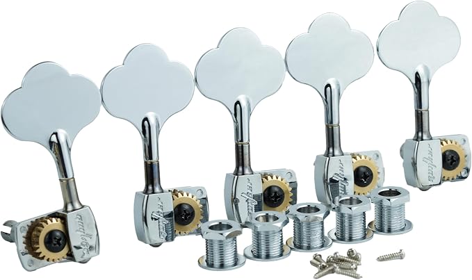 Guyker Bass Tuners (4R + 1L) - 1:22 Ratio Gear Open Frame Bass Drop Locking Machine Head Tuning Key Pegs Replacement for Electric Jazz Guitar Bass or Precision Instruments, BB100 Chrome
