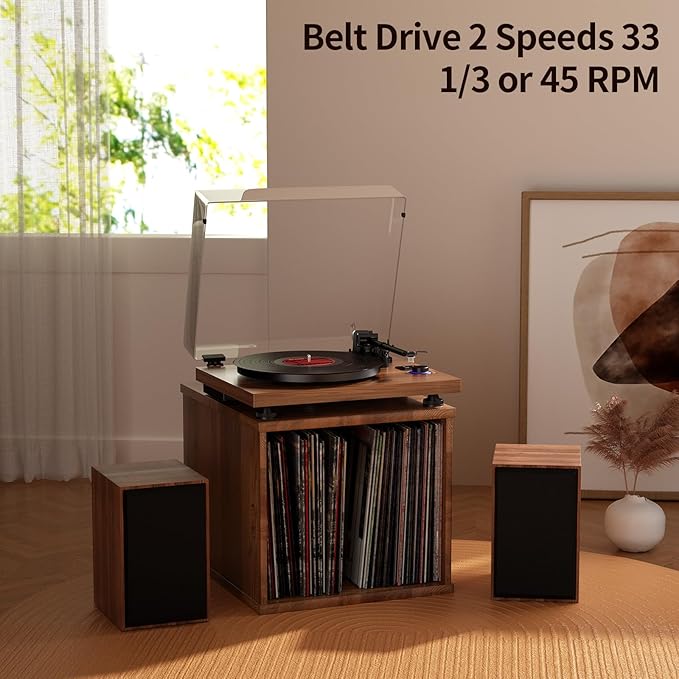 FEKTIK Record Player with Magnetic Cartridge, Bluetooth Belt Drive Vinyl Turntable High Fidelity System with 36 Watt Bookshelf Speakers, Built-in Phono Preamp, USB Recording and Auto Stop