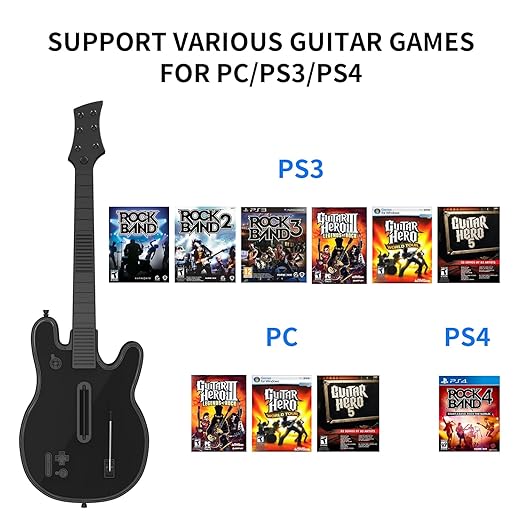 JJDWIN Wireless Guitar Hero Controller for PS4/PS3/PC with RGB Light, Rock Band & Clone Hero Games, Fortnite Festival with Strap & Wireless Dongle,Black