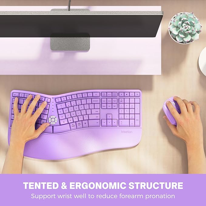 MEETION Ergonomic Wireless Keyboard and Mouse, Curved Keyboard with Vertical Mouse, Split Ergo Keyboard with Wrist Rest, Natural Typing Rechargeable Full Size, Windows/Mac/PC/Laptop, Purple