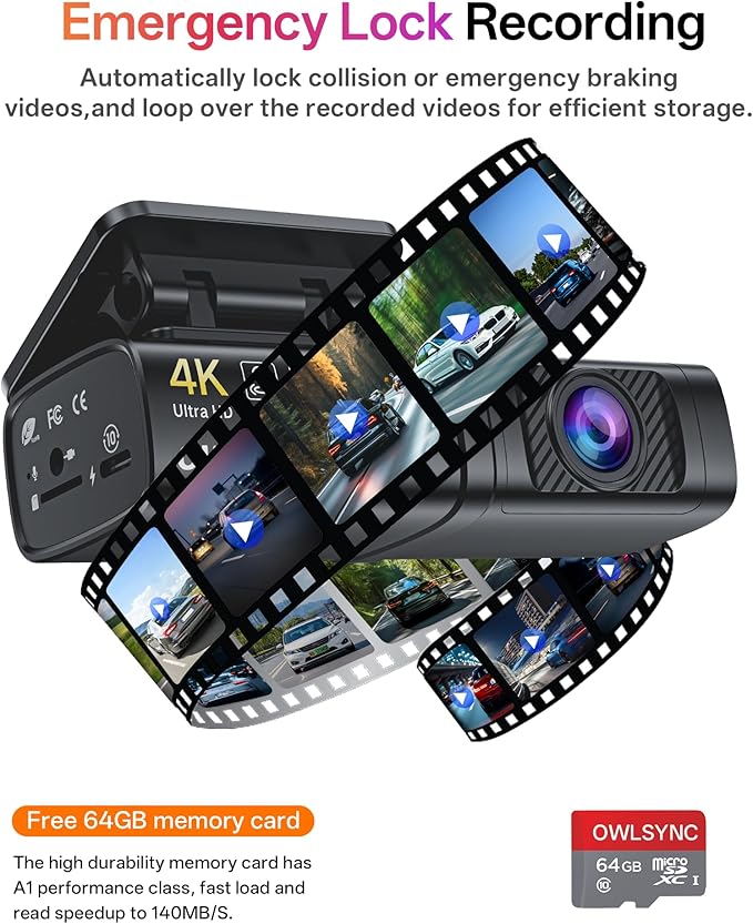 M700 4K Dual Dash Camera with WiFi and GPS, Front and Rear Car DVR, Night Vision, Parking Mode, Loop Recording, 64GB Card Included