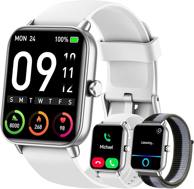 Hingso Smart Watch for Women Men, 1.85" Fitness Tracker for Android/iPhone | Bluetooth Call & Text Alert, Alexa Built-in, 24/7 Heart Rate/SpO2/Sleep/Cycles Monitor, 120+ Sports, IP68 Waterproof, 2 Bands