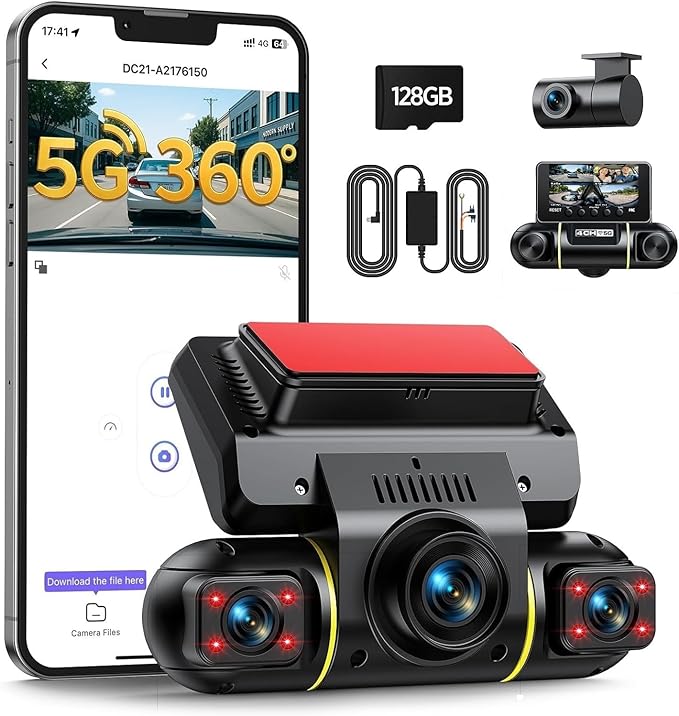 LAMTTO 360 Degree View 4 Channel Dash Cam Front and Rear Inside 5G WiFi Dash Camera for Cars APP Control 8 IR Night Vision 24H Parking Monitor with Hardwire Kit, G-Sensor, Included 128GB Card