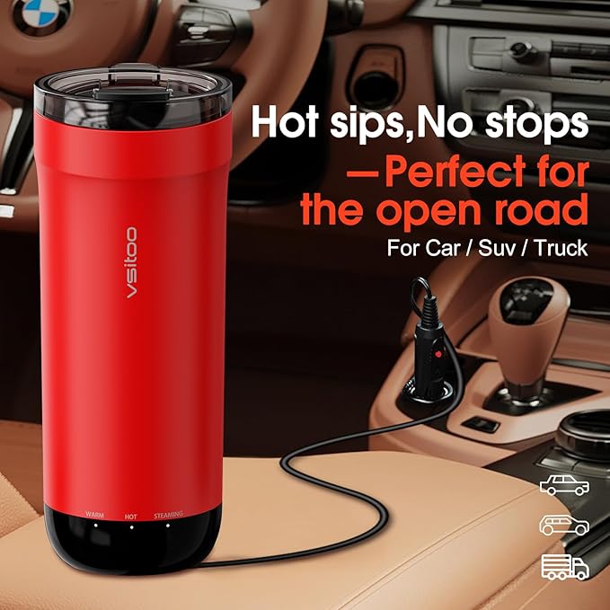 Vsitoo S5 Self Heating Travel Mug 16oz, Rechargeable Coffee Mug with Car Charger Kit, AI Auto-Sensing Temp Control Heated Cup for Home Office Car, App Control, Gift Women Men - Red