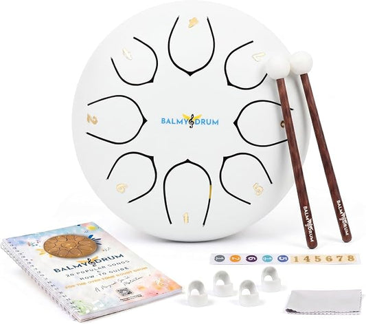 Balmy Drum Steel Tongue Drum 6 inch 8 Notes 440Hz, Handpan Drum with Music Book, Mallets, Carry Bag, Finger Picks, Rain Drum for Outdoor, Meditation Yoga Calming Instruments for Adults Kids (White)