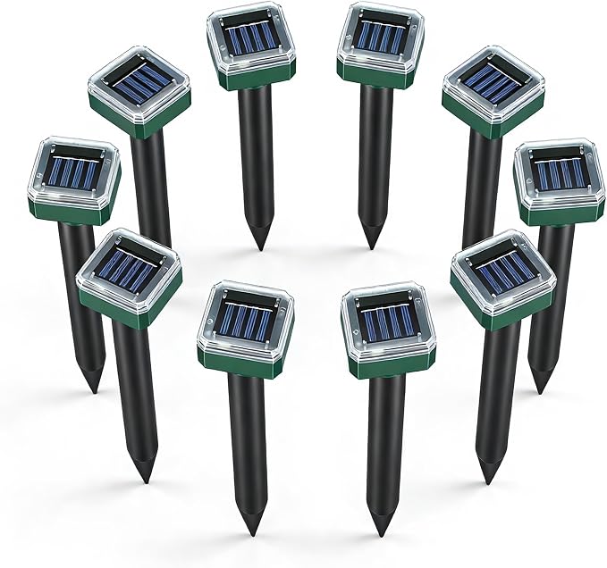 Mole Repellent Solar Powered 10 Pack, Humane Sonic Spikes Stakes Outdoor Waterproof, Repel Snake Groundhog Chipmunk Vole Gopher, Effective Rodent Repellent for Lawns, Garden, Farm