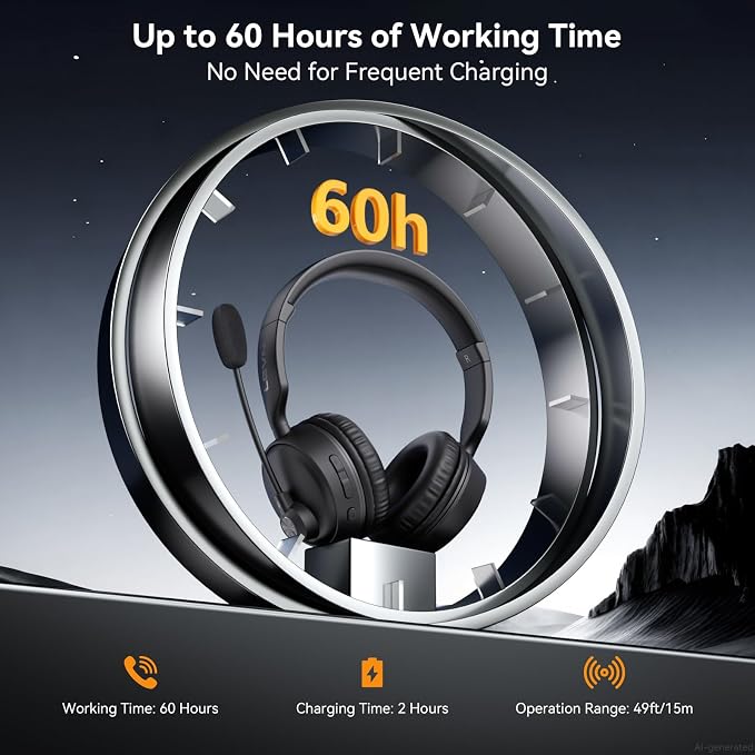 LEVN Bluetooth Headset with Microphone, 60 Hrs Working Time Dual Connection Bluetooth Headphones with Mic, Wireless Headset with Mic for Work/Video Meetings/Phone/Call Center/PC/Music/Zoom/Teams