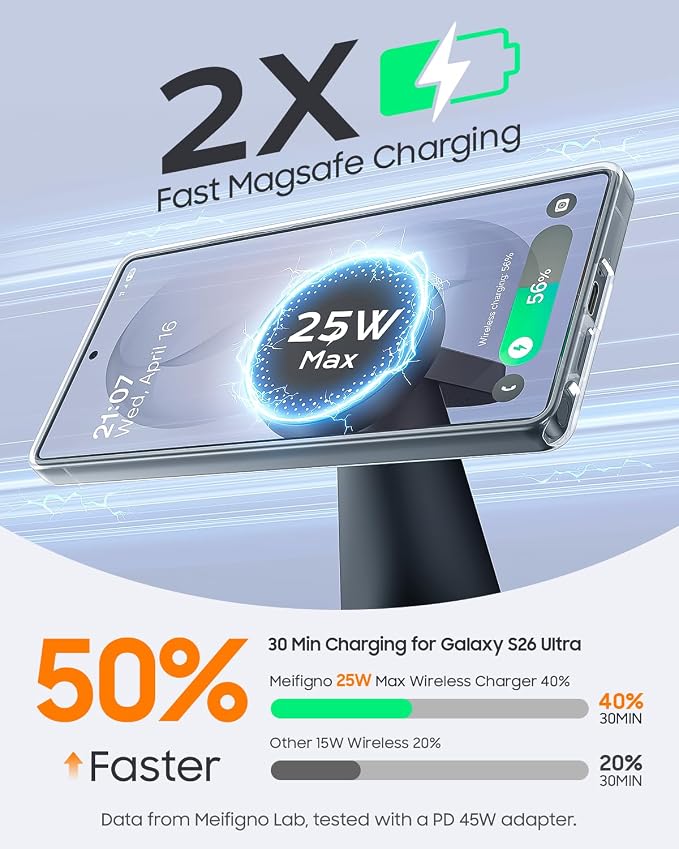 Meifigno Magnetic Wireless Charger for Samsung, 3 in 1 Charging Station Compatible with MagSafe Samsung Charger 25W Max for Galaxy S26 Ultra, Charger Stand for Galaxy Watch Ultra 8 7, with 45W Adapter