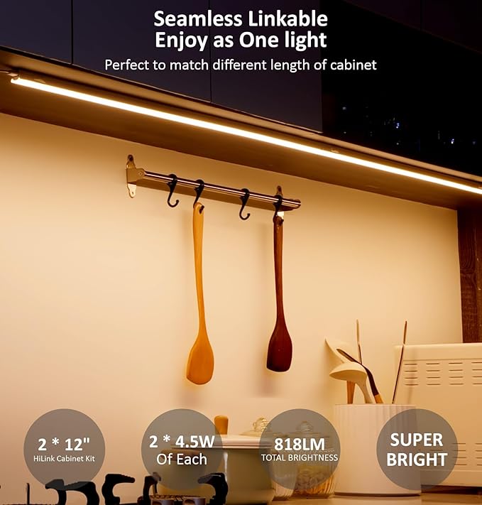 Leetdud Under Cabinet Lighting Plug in, 12 Inch 2 Pcs, Linkable AC120V 3CCT 3000K/4000K/5000K Ultra Slim, LED Under Cabinet Lights for Counter Light, Kitchen, Shelf, Sink, Workshop, Desk，White