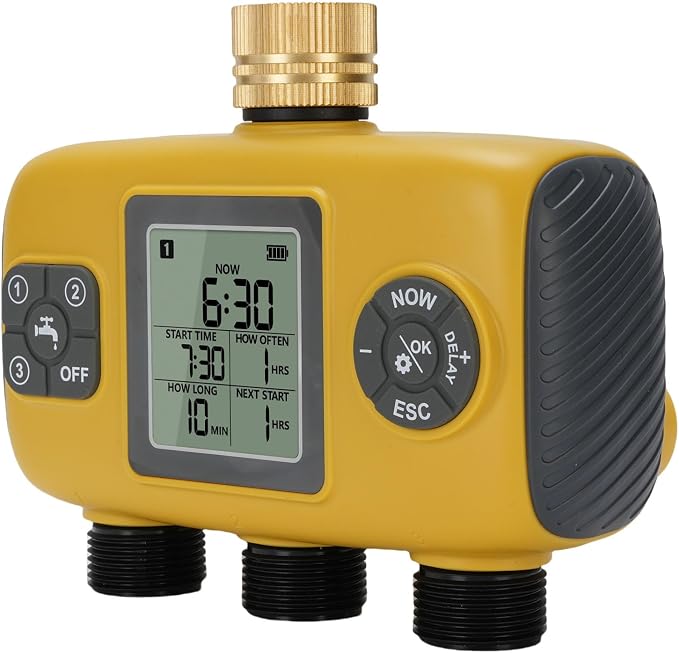 3 Outlet Programmable Hose Timer, Brass Inlet Rain Delay Watering Controller, for Yard Lawn, Real Time Start Countdown
