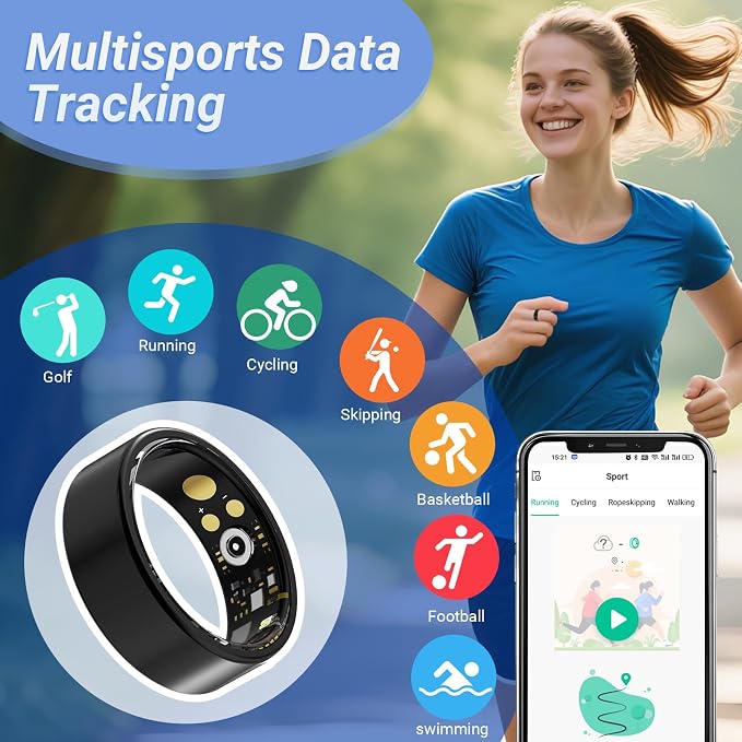 Health Rings for Women Men, Fitness Tracker with Heart Rate,Blood Oxygen, Blood Pressure, Sleep/Step Tracker, IP68 Waterproof Smart Ring for iPhone & Android (Gold, 10#)