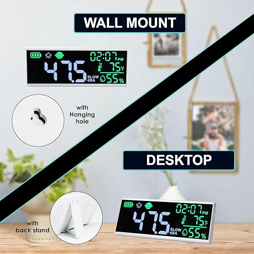Decibel Meter 13" Sound Decibel Meter Display Time Temperature Humidity, Wall Mounted and Desktop Sound Level Meter with Buzzer Alarm Icons Indicator, Noise Meter for Classroom, Studio, Home, etc.
