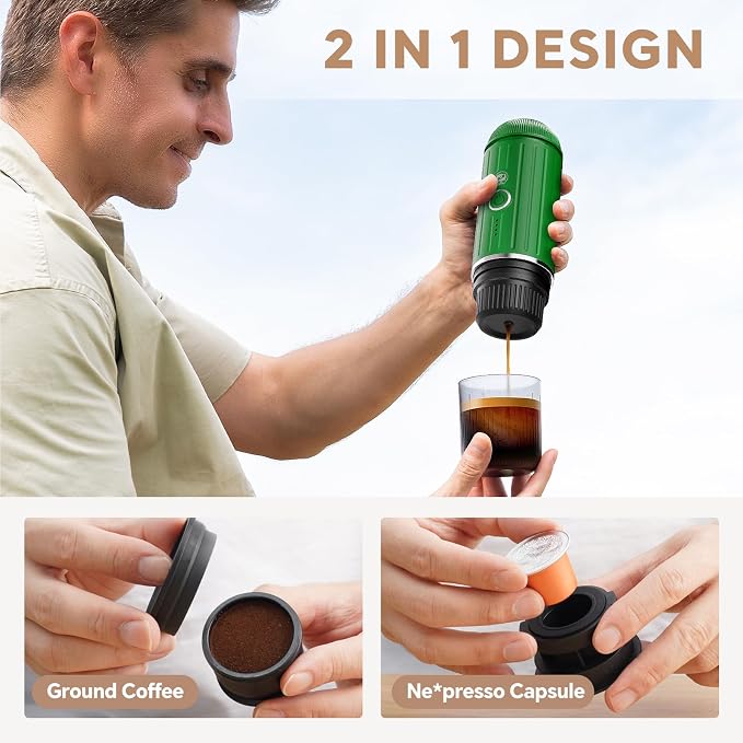 i Cafilas Portable Espresso Machine Self-Heating | Battery Powered Coffee Maker for Camping without Electricity| 2-in-1 Ground Coffee&NS Capsule|19 Bar| USB-C Fast Charge| Green Coffee Maker for Car