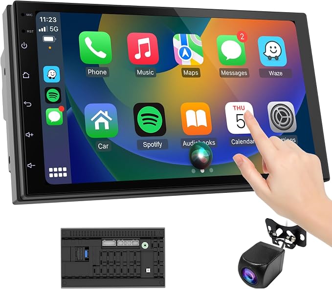 Wireless CarPlay Screen for Car & Android Auto Head Unit - Touchscreen 7 Inch Double Din Car Stereo with Backup Camera for All Cars (2+64GB)