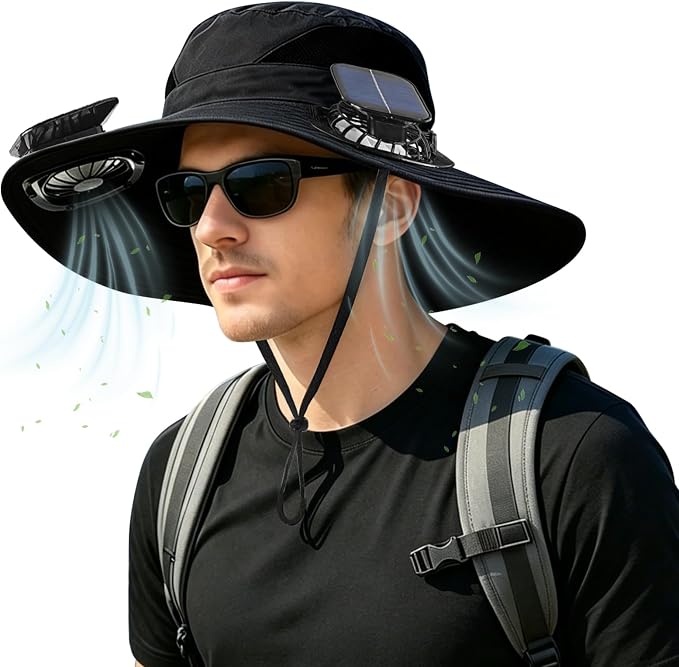Solar Fan Hat, Wide Brim Hat with 2 Removable Fans Solar Power, Sun Bucket Fishing Hat for Men Women Outdoor Hiking Camping Gardening, UPF 50+ Sun Protection Waterproof Black