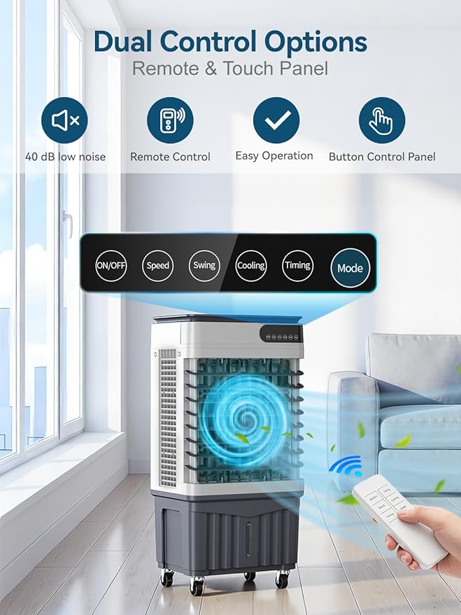 3200CFM Swamp Cooler, 4-IN-1 Evaporative Air Conditioners With 10.5 Gal Water Tank, 4 Ice Packs, Remote, 12H Timer, 120°Oscillation, 36”Portable Cooling Fan with 3 Modes&Speeds for Indoor Room（4）