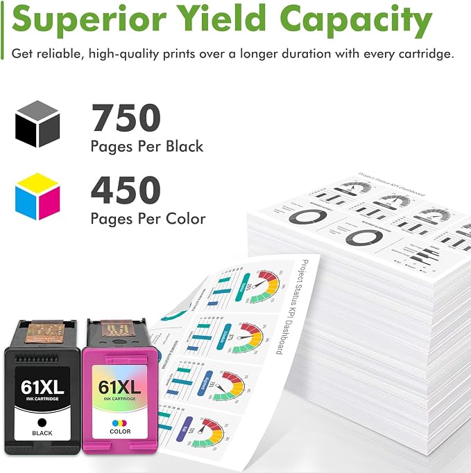61XL 61 Ink Cartridges Combo Pack Replacement for HP Ink 61 XL HP61 HP61XL Black and Color Work for Envy 4500 5530 Officejet 4630 4635 Envy 4502 4501 Deskjet 1000 1010 Printer Black/Tricolor 2-Pack