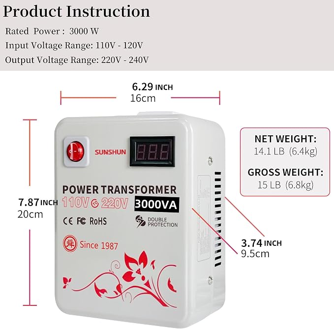 SUNSHUN Step Up Transformer 110v to 220v, 3000W Step Up Voltage Converter 110 to 220 Volt for 220v-240v Europe Asia Appliance Used in US with Voltage Display
