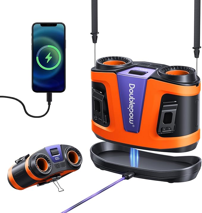 Doublepow 24000mAh Portable Waist Fan, Personal Fan, Dual Air Ducts Motors, 2026 Upgrade Equipped Charging Dock Storm Mode 1-100 Roller Adjustmen, Wearable Neck Clip On Belt, for Outdoor, Work(Orange)