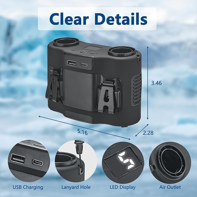 Portable Waist Fan, Rechargeable Belt Clip Fan with Dual Air Outlet, 16000RPM Airflow, up to 40H Runtime, Hands-Free Neck & Waist Fan for Jobsite Cooling Camping Travel Outdoor Black
