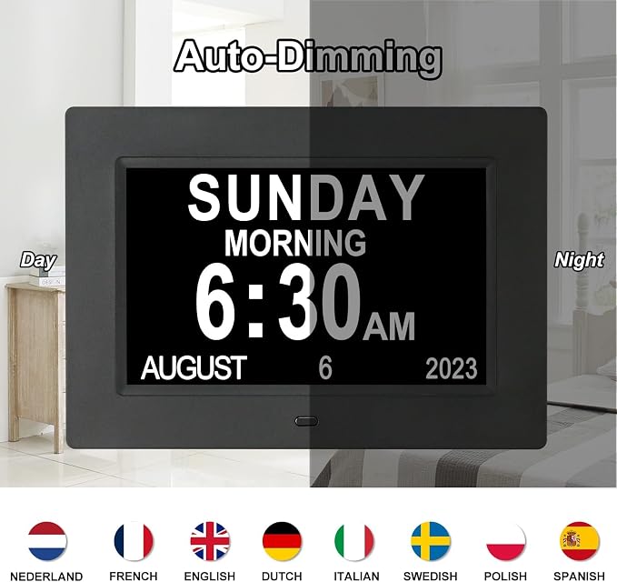 TSITSC 7 Inch Digital Day of The Week Clock Extra Large Non-Abbreviated Dementia Day and Date Time Clocks for Seniors Elderly Impaired Vision Memory Loss 12 Alarm Reminders + Auto-Dimming