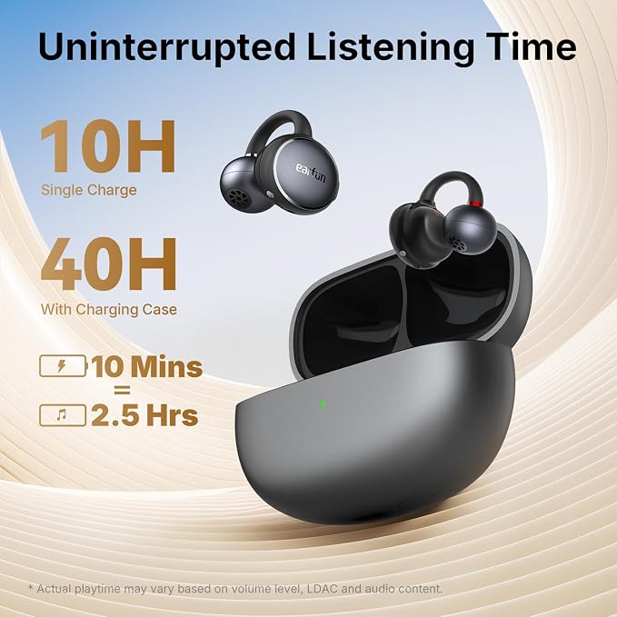 EarFun Clip Open Ear Earbuds, Wireless Clip On Headphones, Adaptive Comfort with Secure Fit, Bluetooth 6.0, LDAC, Hi-Res Audio, 2 Mics AI ENC Call, 40H Playtime, Earbuds for Sports, Running, Workout