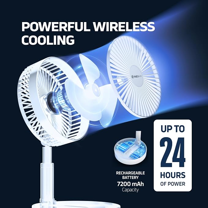 NEXAIR Premium 8" Foldable 4 Speed Portable Fan with Adjustable Height 14” – 39.5 in, Rechargeable Folding Fan For Home And Office, Quiet Floor Fan For Bedroom, Battery Operated Fan For Travel