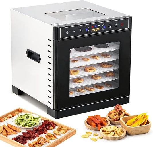 Food Dehydrator Machine 6 Stainless Steel Trays with 194°F Max Digital Contral, 400W Electric Food Dryer with Dual-View Windows Design, Fruit& Meat Dehydrator for Jerky Vegetables Dog Treats