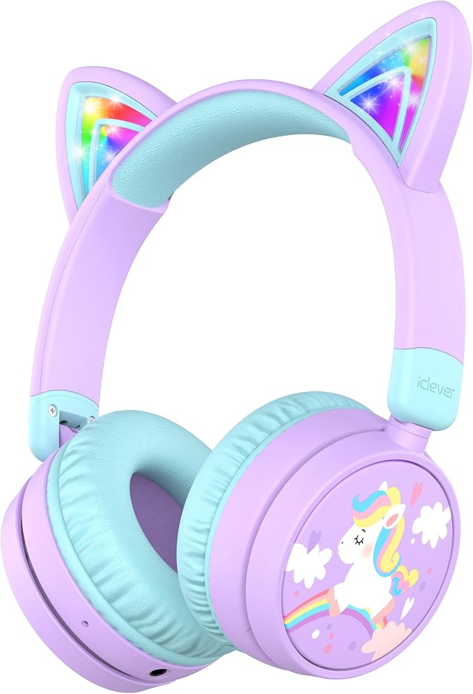 iClever Kids Bluetooth Headphones, Light Up Cat Ear, Safe Volume 74/85dBA,60H Playtime,Bluetooth 5.3,USB C Charging,Wireless Kids Headphones AUX Cord for iPad School Travel, Meow Cookies-Purple/Green